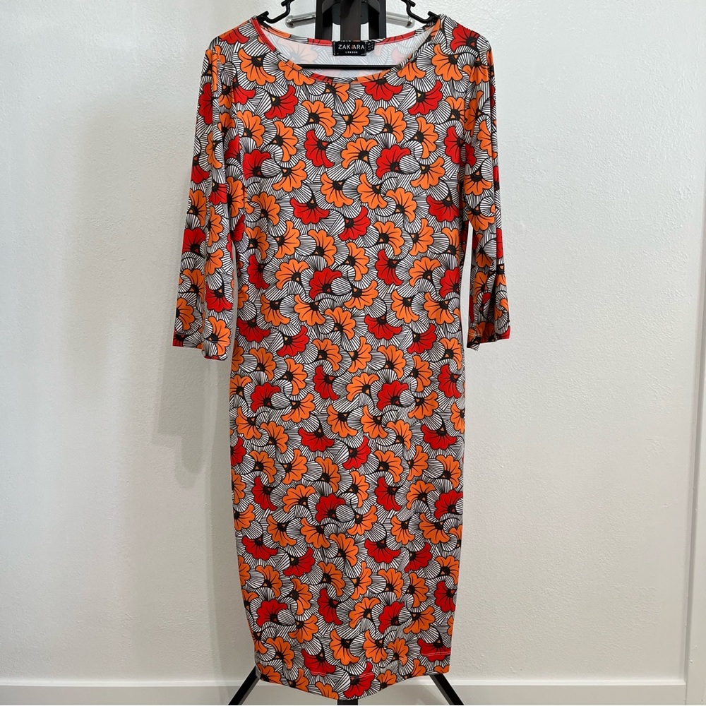 Zara Red and Orange Floral Long Sleeve Dress